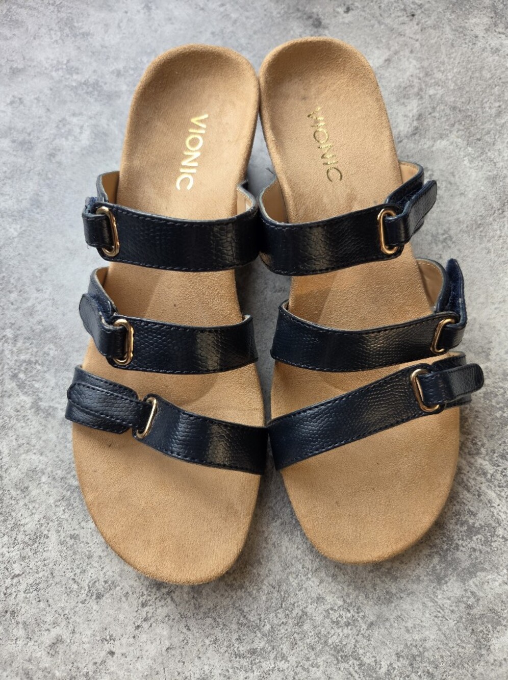 Vionic Women’s Navy Triple-Strap Slide Sandals with Buckles US Size 9